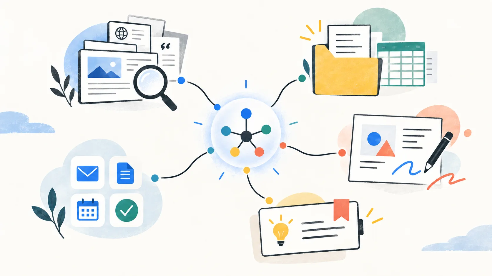 Gemini 工作流程概念圖：研究來源、檔案與試算表、Canvas、Gems 和 Google Workspace 連到中性 AI 節點。操作示意圖／非官方介面截圖。